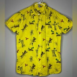 Hang Ten Yellow Hawaiian Button-Down Shirt with Tiki Print